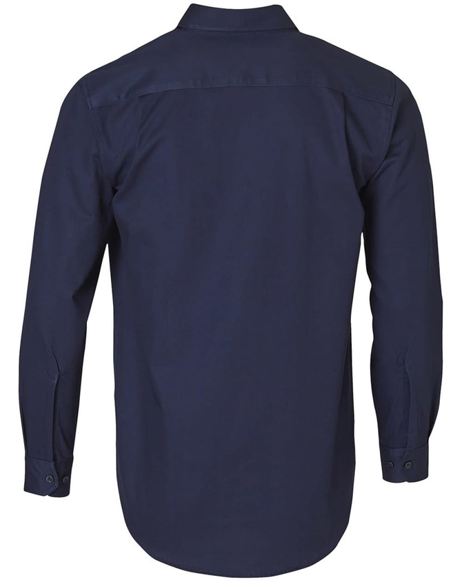 A navy blue long-sleeve shirt with a collared neckline and an upper back yoke, featuring a logo.