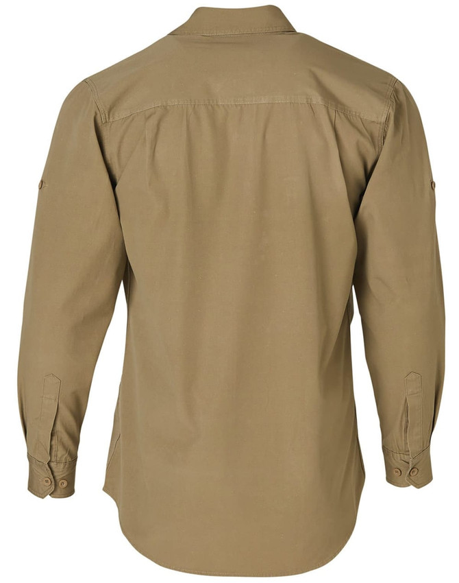 A long sleeve work shirt in a khaki colour with a buttoned cuff and a back yoke, featuring a logo.
