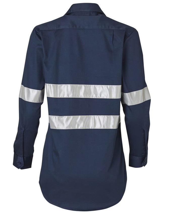 A navy long-sleeve work shirt with 3M reflective tape, featuring a back view and a logo on the shirt.