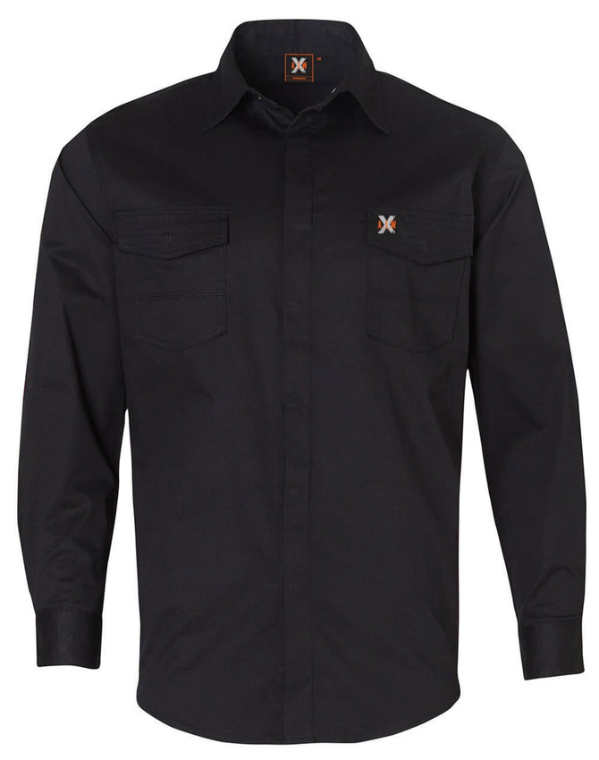 A black long-sleeve shirt with two chest pockets and a logo on the chest.