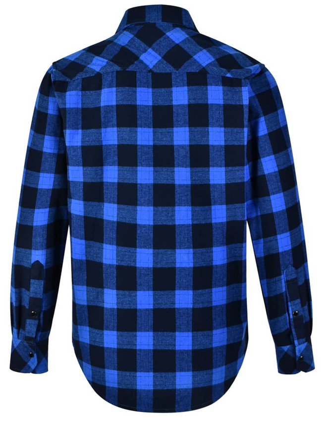 A unisex flannel plaid shirt in black and blue, featuring a button-up design and long sleeves.