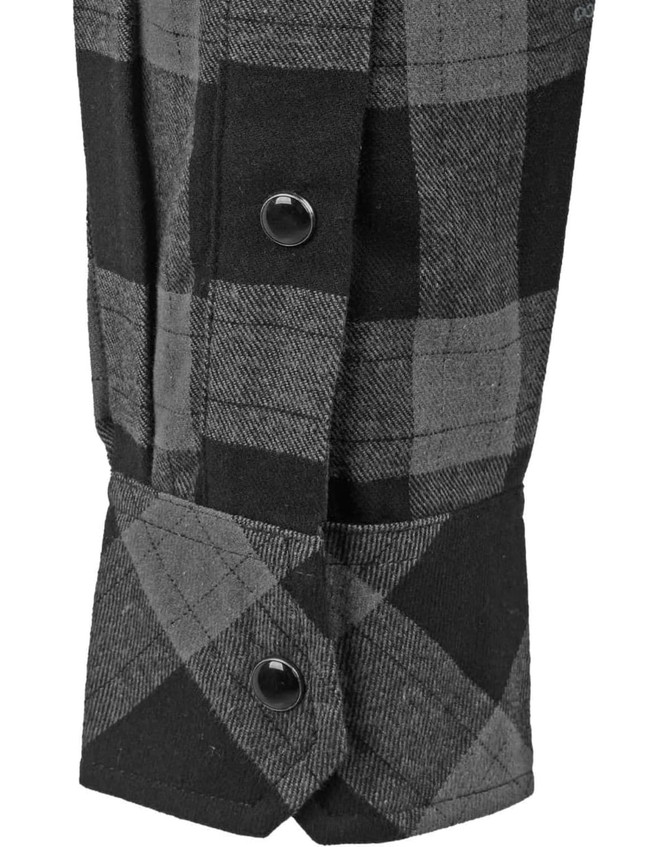 A black and grey checkered flannel shirt featuring a buttoned cuff and a logo.