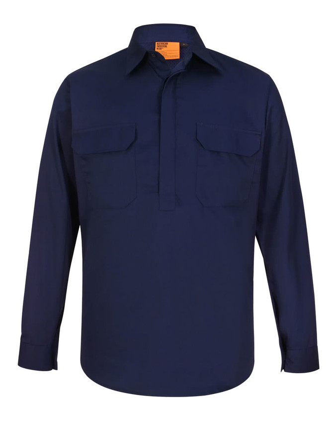 A navy blue long-sleeve work shirt featuring a closed front and two chest pockets, with a small logo.