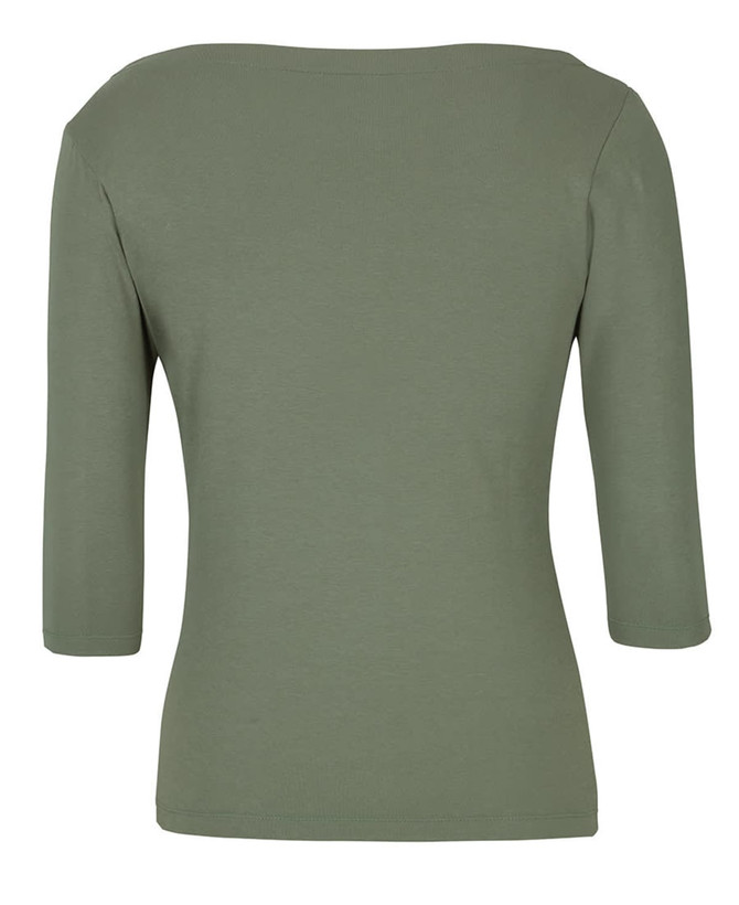 A green ladies' 3/4 sleeve boat neck tee with a fitted design and a logo.