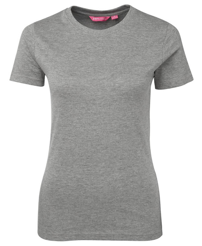 A grey women's t-shirt with a fitted design and short sleeves. It features a branding logo at the neck.