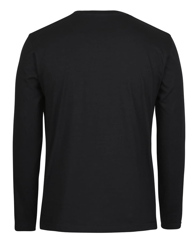 A black long-sleeve T-shirt featuring a smooth fabric texture and a simple design, with a logo on the back.