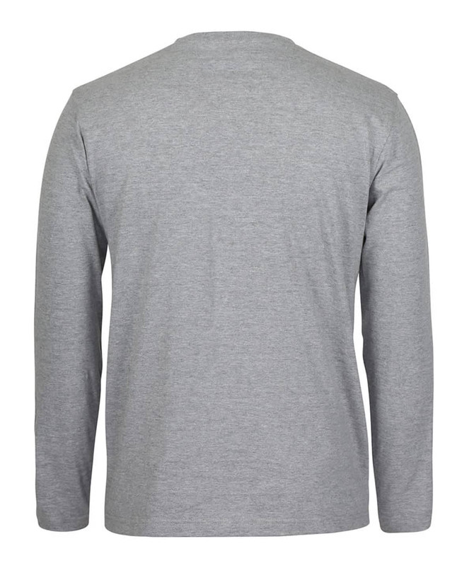 A grey long-sleeve t-shirt with a round neck and a plain back. Features a logo on the front.