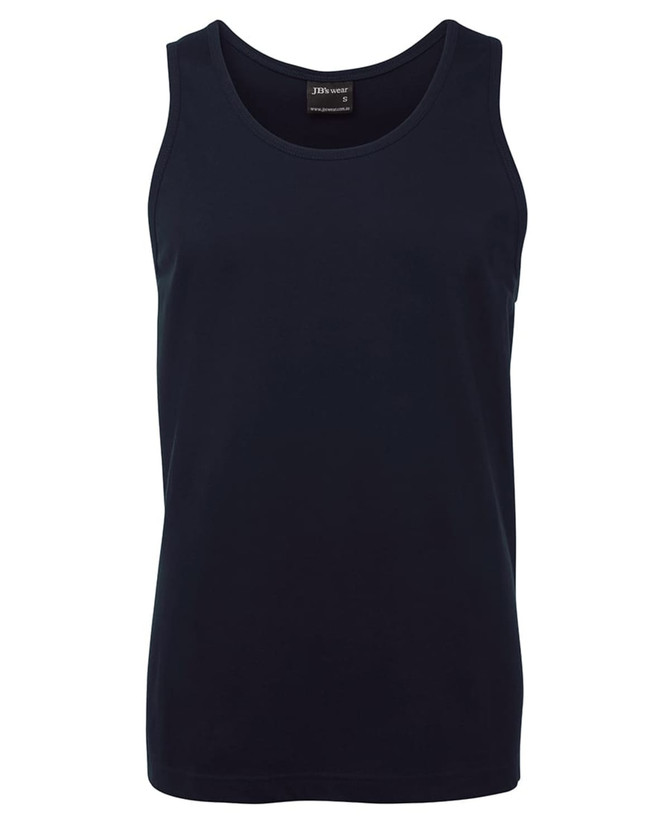 A navy blue singlet featuring a simple design and a label with branding.