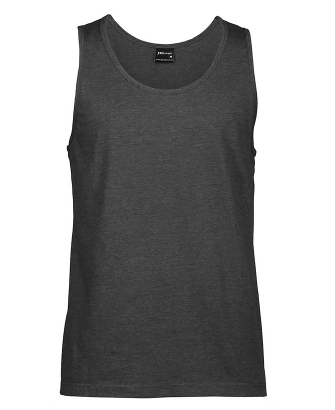 A dark grey singlet featuring a round neckline and no sleeves, with a branding label at the neck.