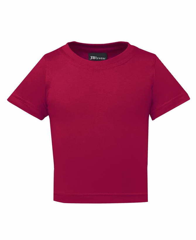 A red infant t-shirt with short sleeves, featuring a logo on the inside tag.