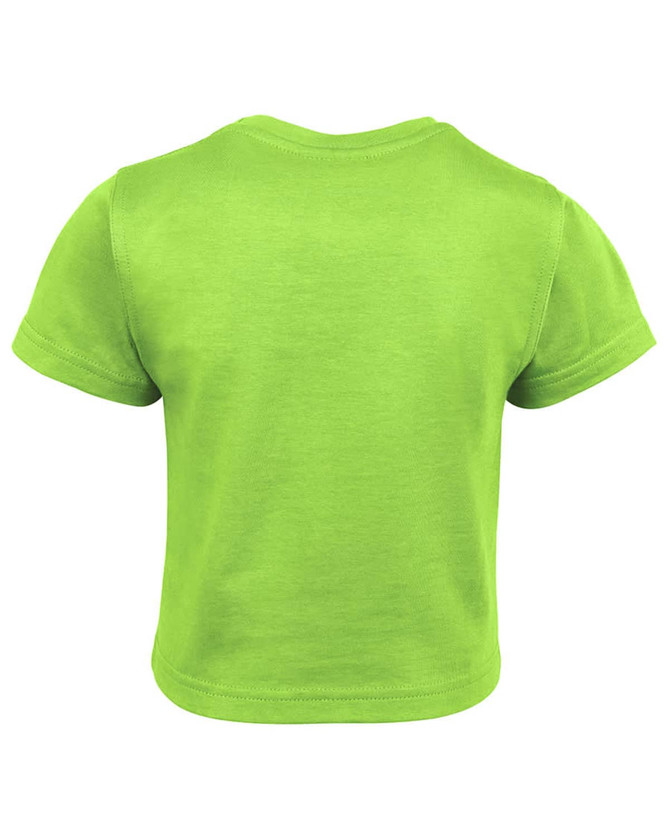 A bright green infant t-shirt with short sleeves displayed from the back, featuring a logo.