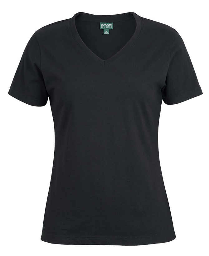 A black ladies' V-neck T-shirt featuring short sleeves and a logo.