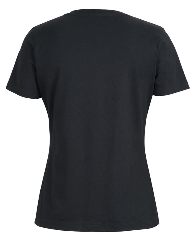 A black ladies' V-neck t-shirt featuring a fitted silhouette and short sleeves. It has a logo on the back.