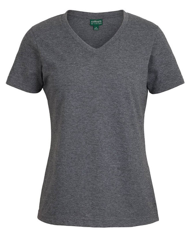 A black ladies V-neck tee with short sleeves and a relaxed fit. It features a logo on the label.