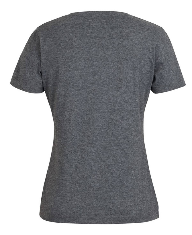 A grey ladies' V-neck tee with short sleeves and a fitted silhouette. Features a logo on the back.