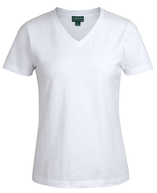 A white ladies V-neck T-shirt with short sleeves and a fitted design. Features a logo at the neckline.