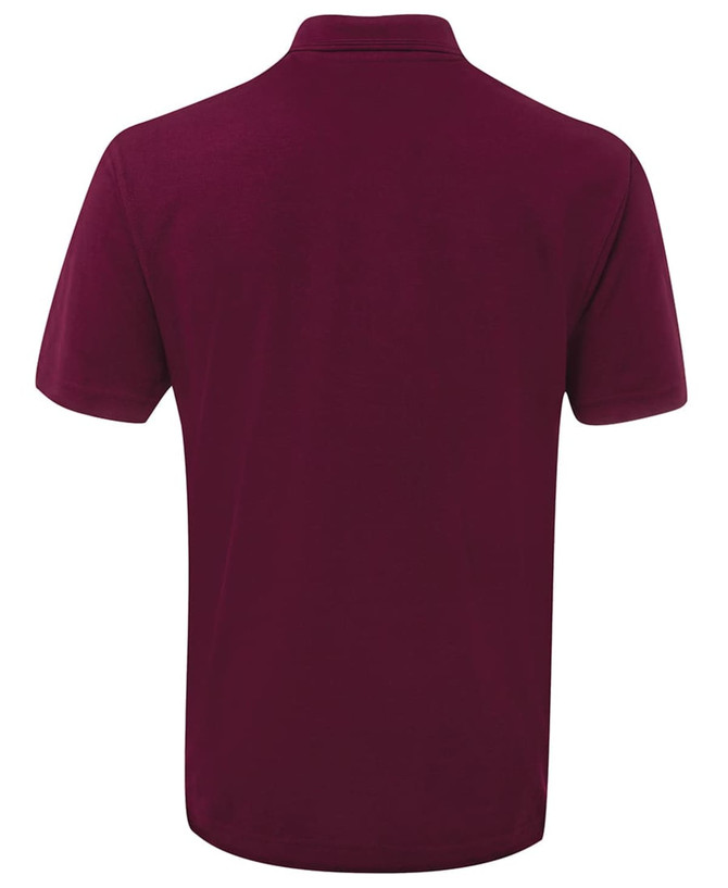 A maroon polo shirt featuring a collar and short sleeves, with a branding logo on the back.