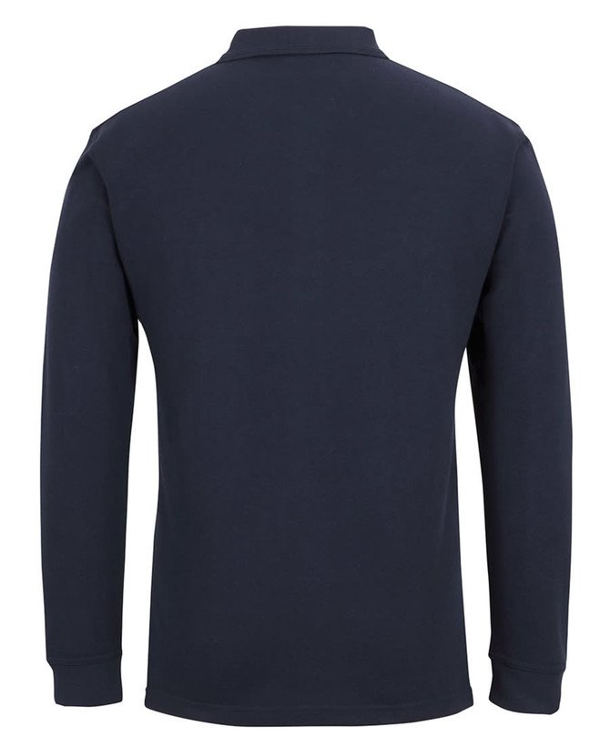 A long-sleeve navy polo shirt with a collar and a pocket on the front. It features a branding logo.