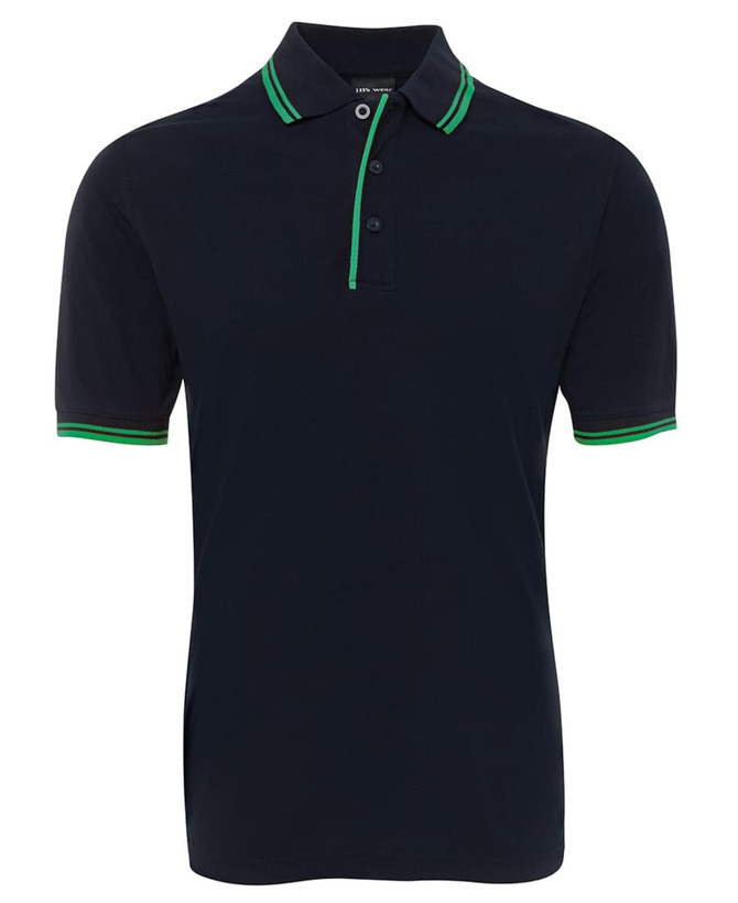 A navy polo shirt with contrast green detailing on the collar and sleeves, featuring a logo.