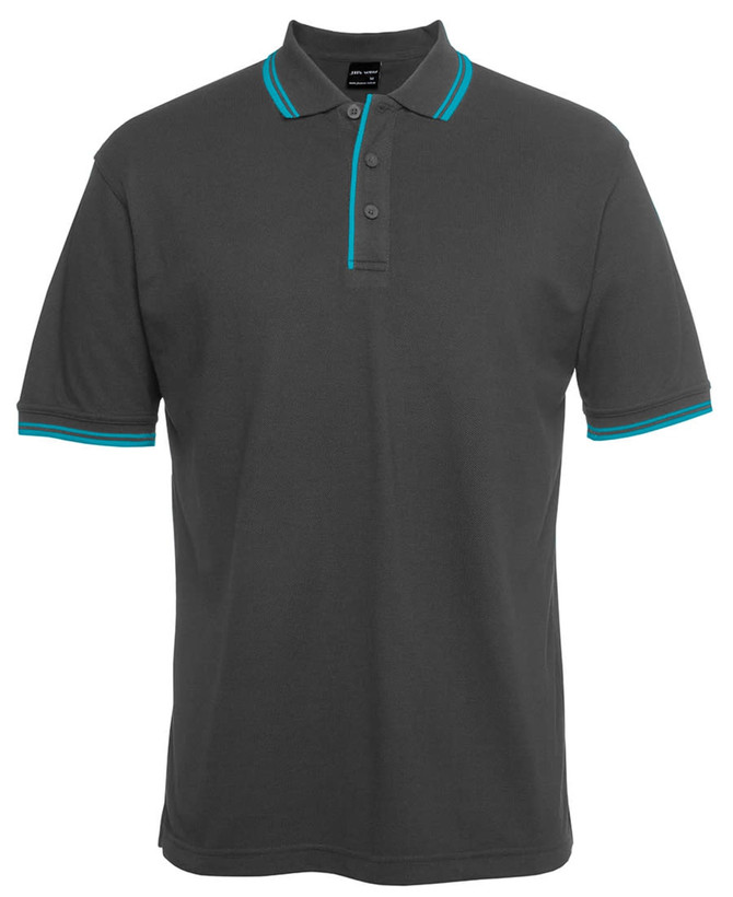 A dark grey polo shirt featuring contrasting turquoise accents on the collar and sleeves. It has a logo.