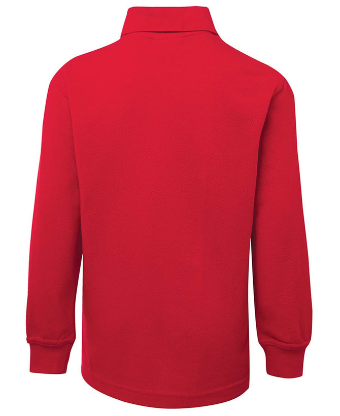 A red long-sleeve polo shirt with a collar, featuring a logo on the back.