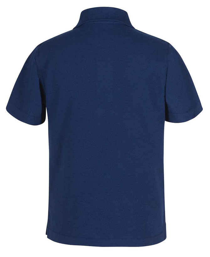 A navy blue kids' short-sleeve polo shirt featuring a collar and a logo.