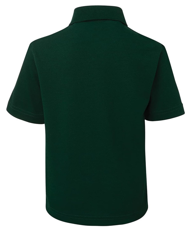 A green short-sleeved polo shirt with a collared neckline and a logo on the back.