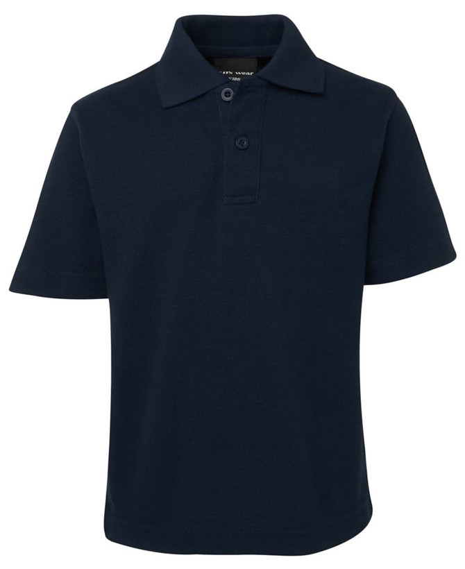 A dark navy polo shirt with a classic collar and short sleeves, featuring a three-button placket and a logo.