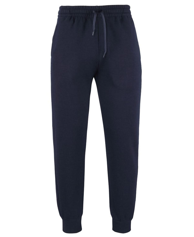 Navy track pants with an elastic waist and cuffs, featuring side pockets and a drawstring. Includes a branding logo.