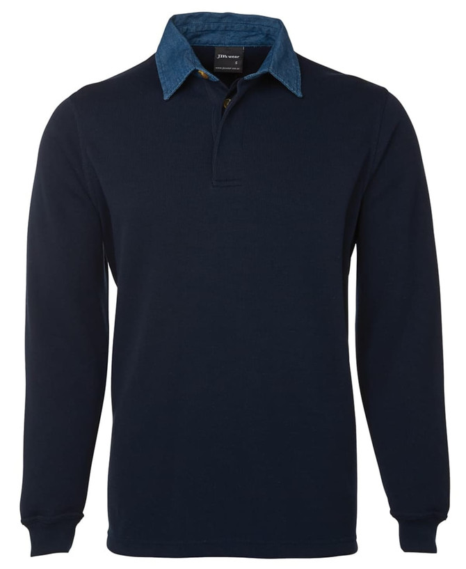 A navy polo shirt with a denim collar and long sleeves, featuring a logo on the chest.