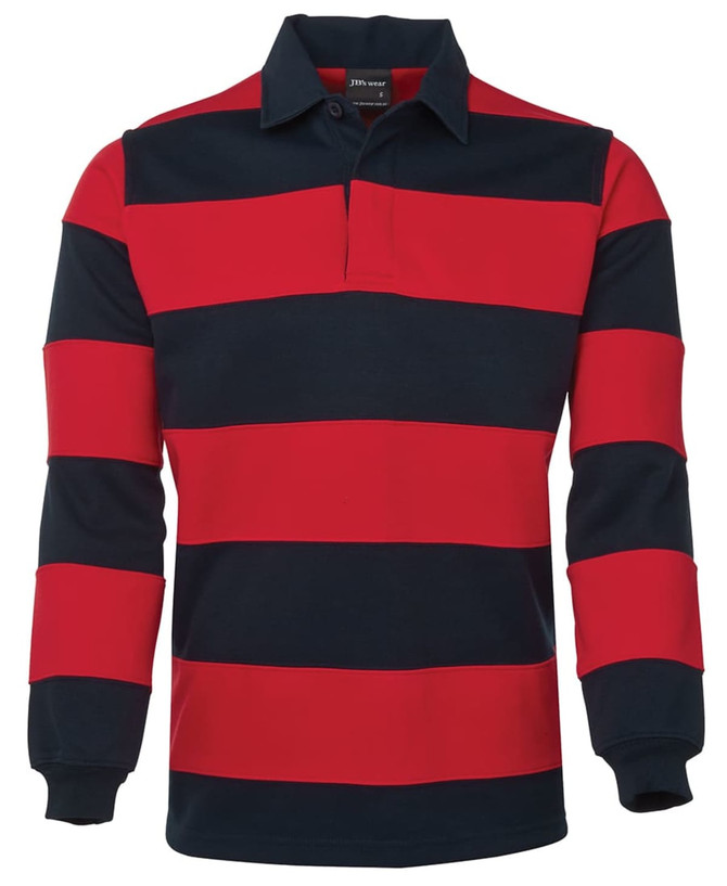 A rugby shirt featuring red and navy striped patterns with a collar. It has long sleeves and a logo.