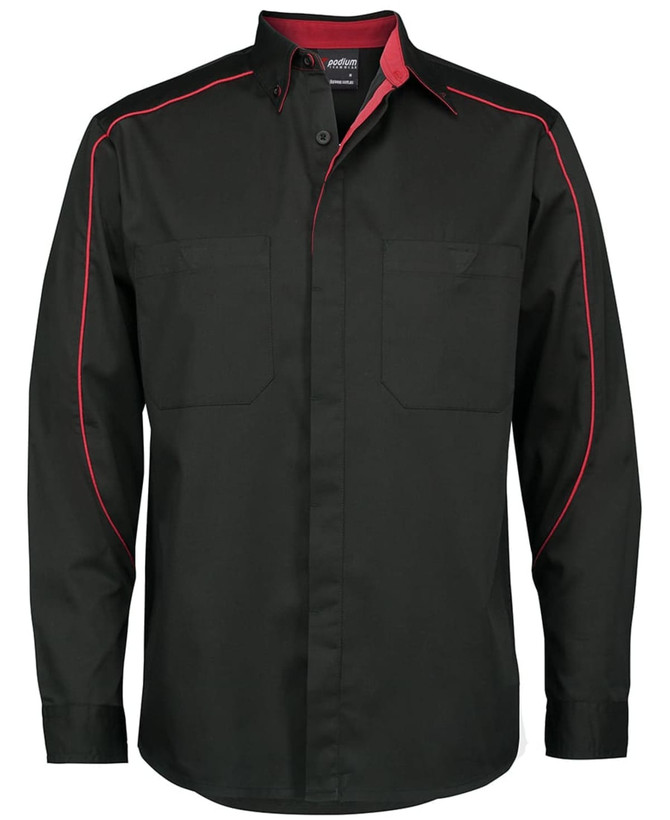 Black long-sleeve button-up shirt featuring red piping and two chest pockets. Includes a logo on the chest.