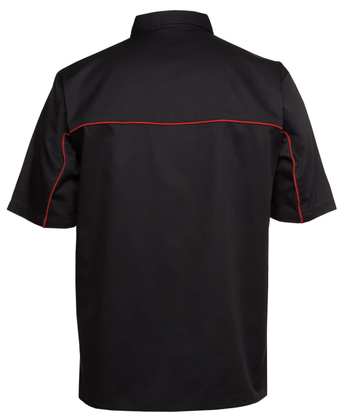 A black and charcoal button-up shirt featuring red piping and a logo on the back.