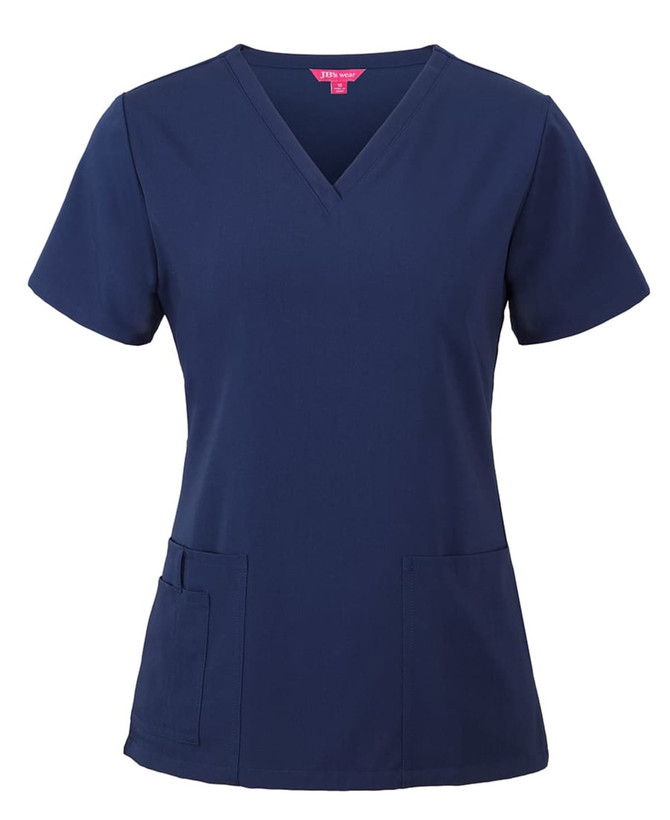 A navy blue scrub top with a V-neck, short sleeves, and two front pockets. It has a logo on it.