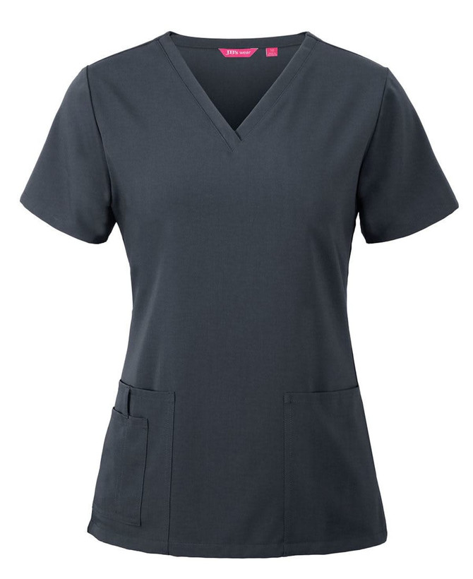 A dark grey scrub top with a V-neckline, short sleeves, and front pockets. It features a branded label.