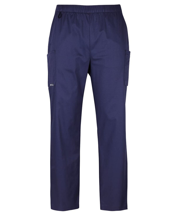 A pair of navy unisex cargo scrub pants with an elastic waistband and side pockets, featuring a discreet logo.