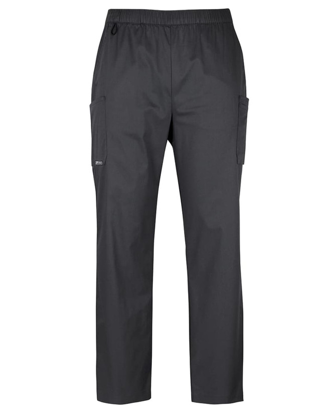 Unisex premium scrub cargo pants in dark grey with side pockets and an elastic waistband. Features branding logo.