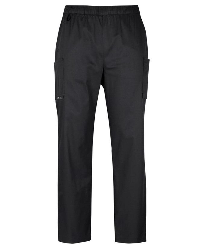 Black unisex cargo pants with an elastic waistband and side pockets, featuring a logo. Ideal for scrub uniforms.
