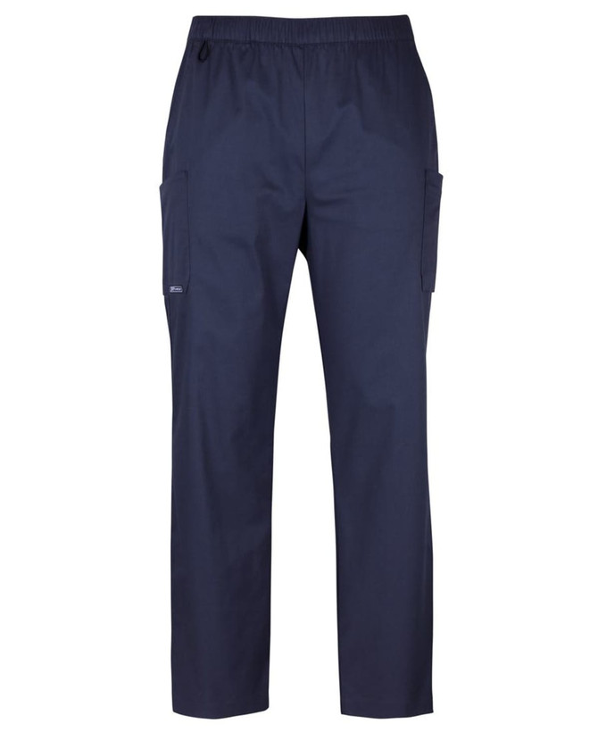 Navy unisex cargo pants feature an elastic waistband and side pockets. Designed as premium scrub bottoms.