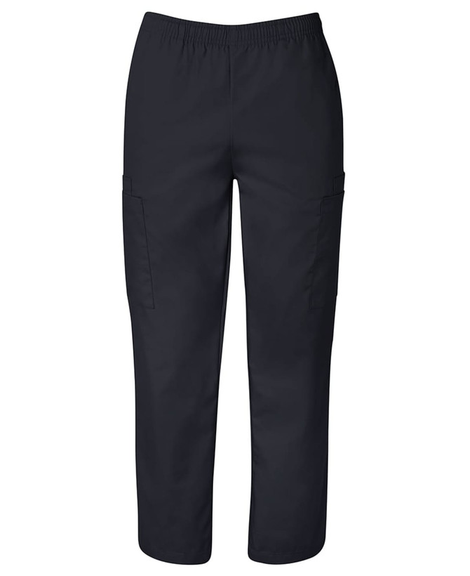 A pair of black unisex scrub pants with an elastic waistband and side pockets. Features a logo.