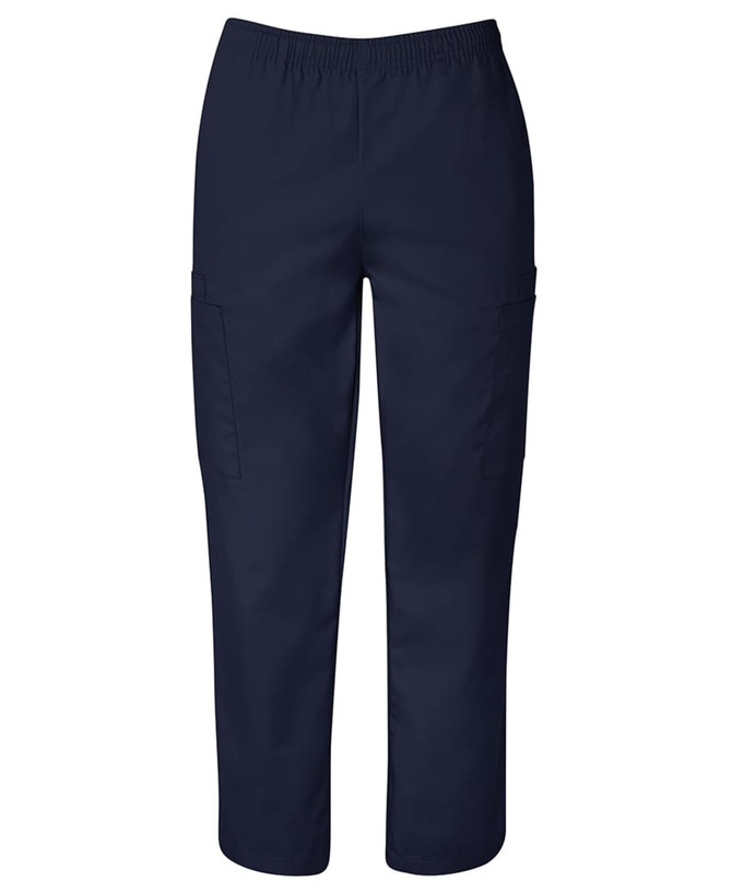 Unisex scrub pants in navy blue with an elastic waistband and side pockets. Features a subtle logo.