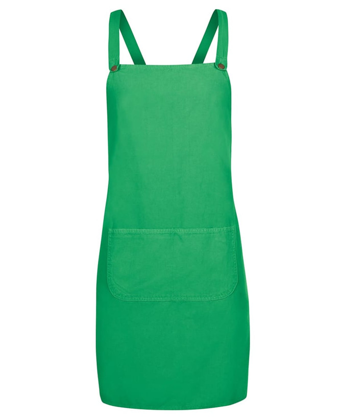 A green cross back canvas apron featuring a front pocket and adjustable straps. It has a simple logo on it.