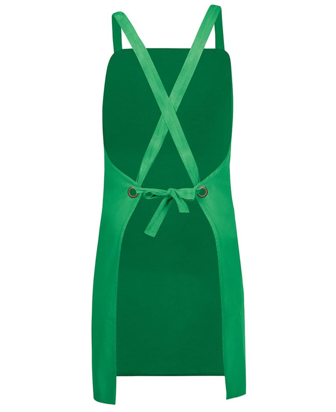 A green cross back canvas apron featuring a tie closure and branding. Suitable for workwear use.