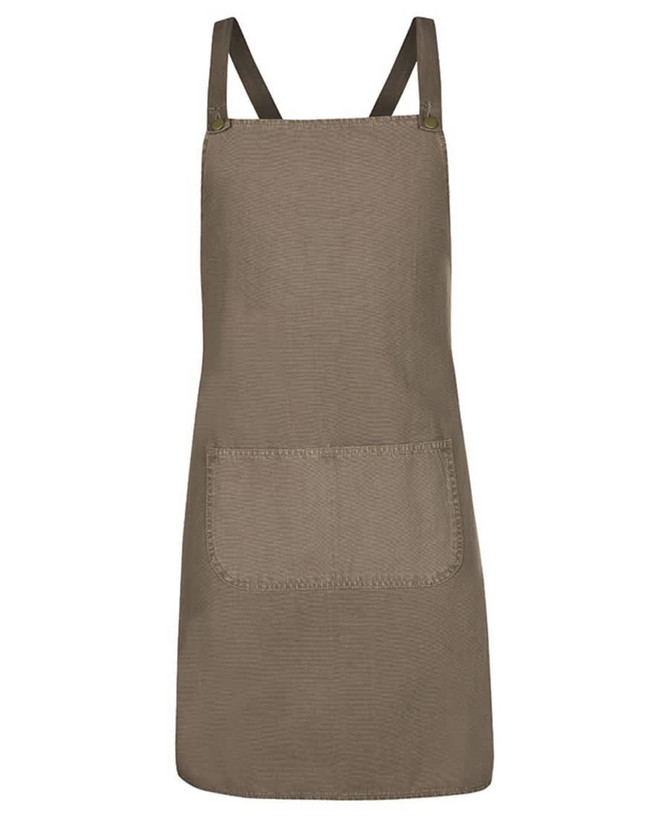 A khaki canvas apron with a cross back design and a front pocket, featuring a logo on the side.