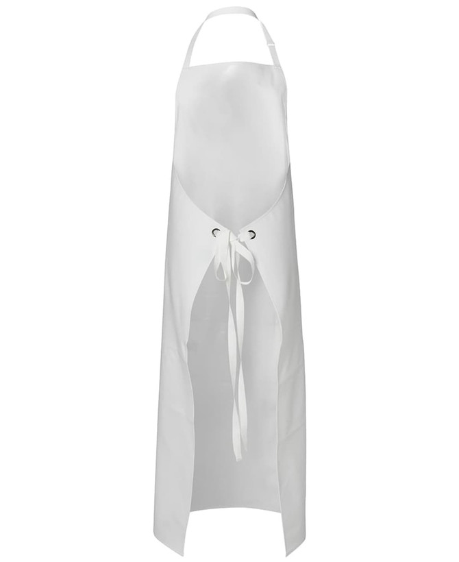A white vinyl apron with an adjustable neck strap and waist ties; features eyelet details.