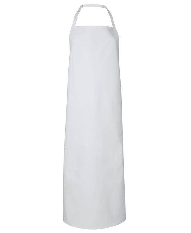 A white vinyl apron with neck strap, featuring a logo, suitable for workwear applications.