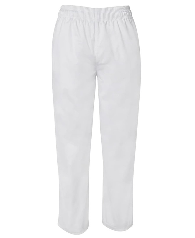 White elasticated pants featuring a simple design and an elastic waistband, suitable for casual wear.