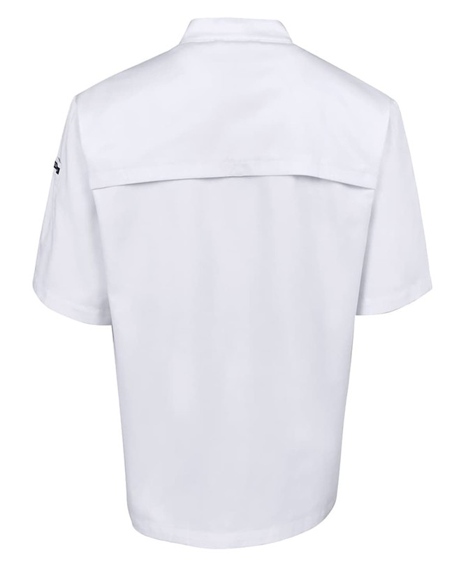 A white short-sleeved chef's jacket with a vented back, featuring a logo on one sleeve.