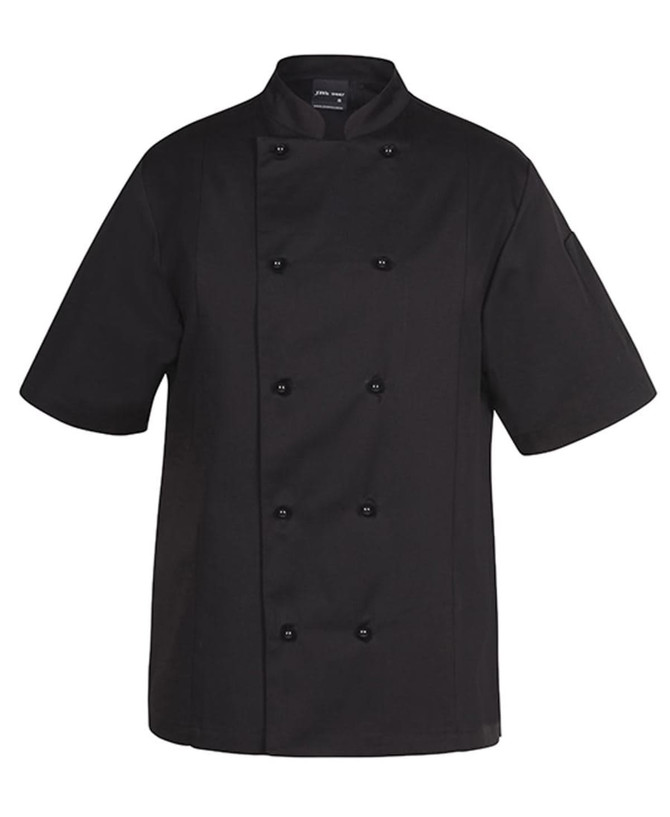 A black chef's jacket with short sleeves and double-breasted buttons, featuring a branded logo.