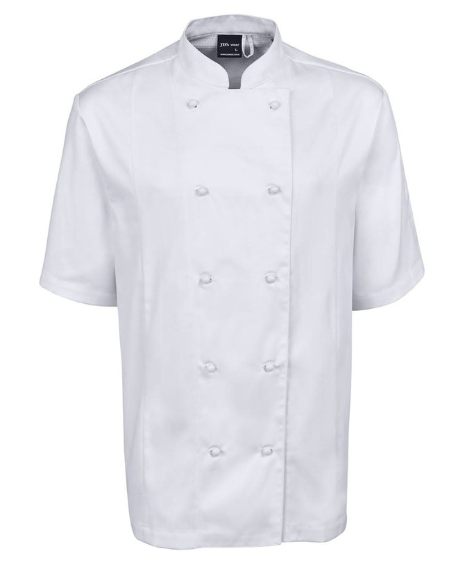 A vented chef's jacket in white, featuring short sleeves and a double-breasted front with buttons, including a logo.